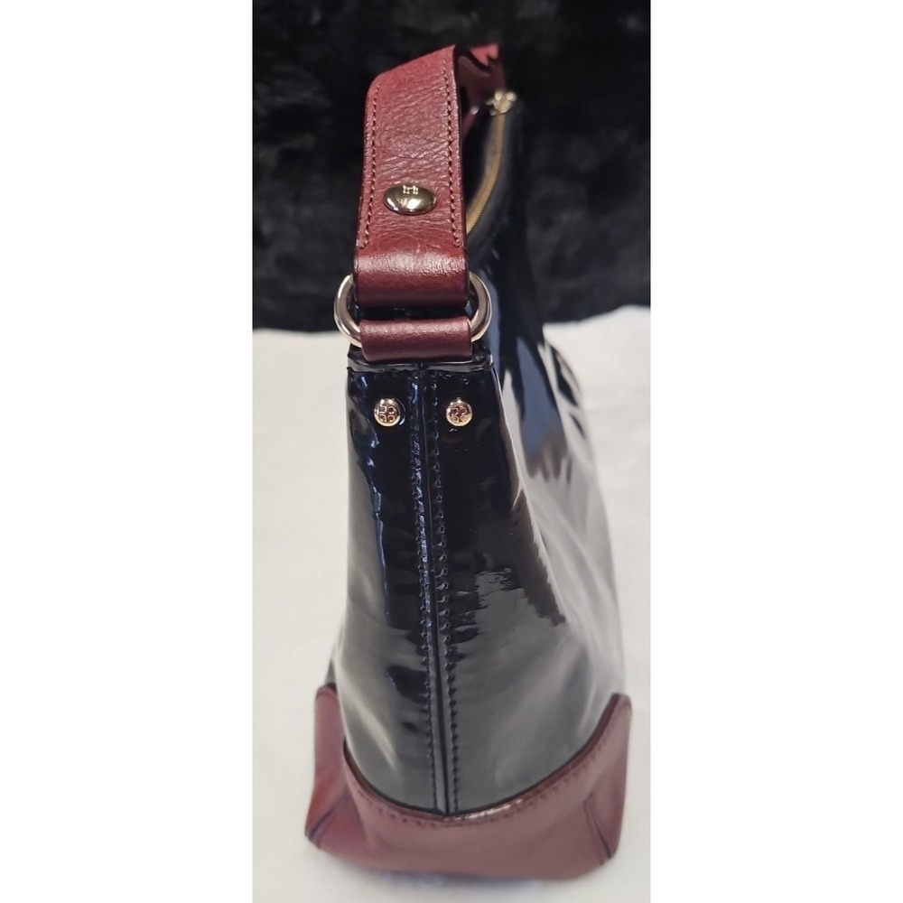 KATE SPADE GLOSSY PATENT LEATHER Med. BAG PURSE Black with Reddish Brown Corners - Picture 3 of 9
